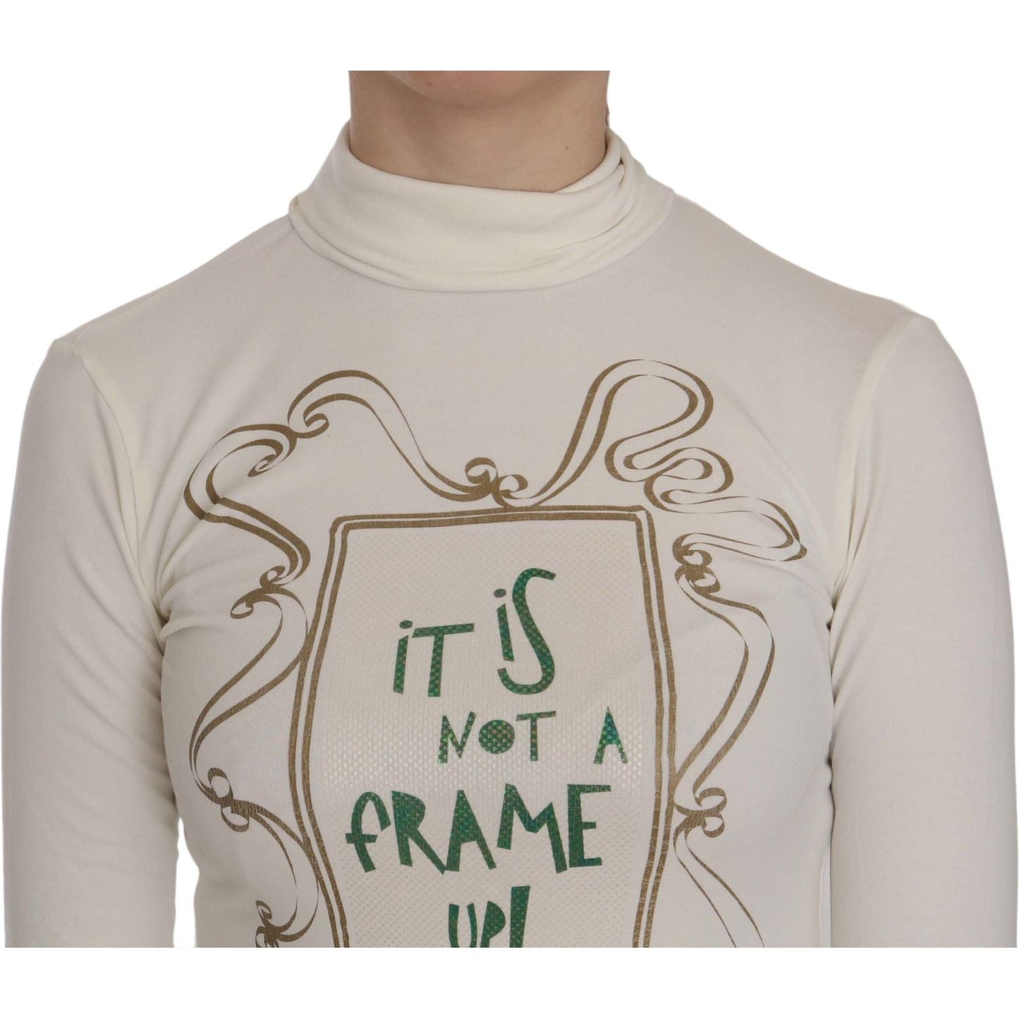 Exte White Printed Turtle Neck 3/4 Sleeve Top Cotton Blouse Exte