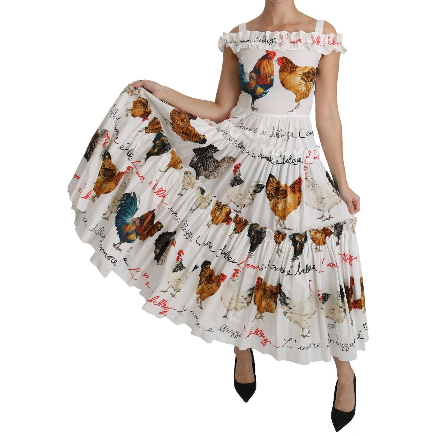 Dolce & Gabbana White Rooster Sheath Midi Cotton Dress Dolce & Gabbana