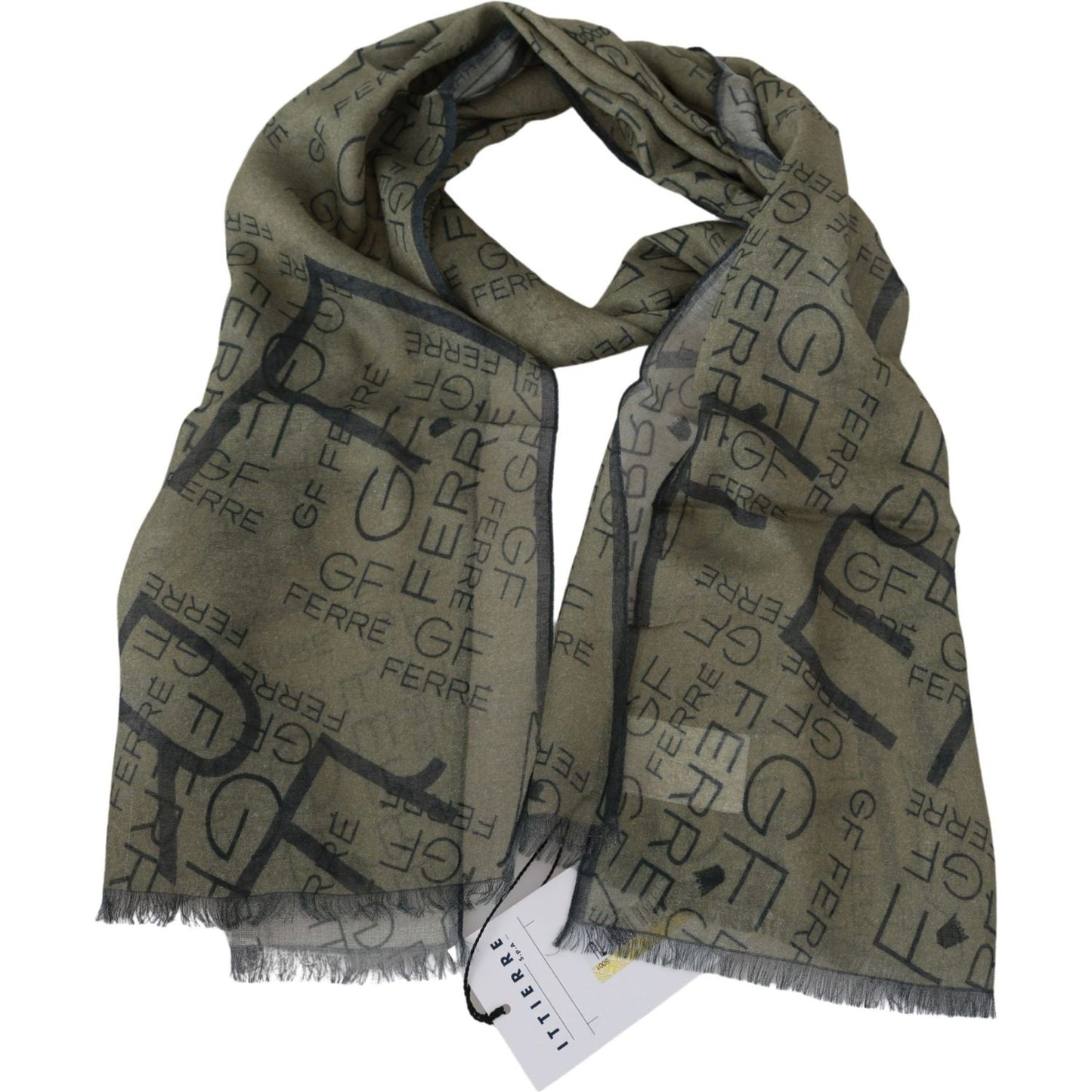 GF Ferre Green Wool Viscose Foulard Patterned Branded Scarf GF Ferre