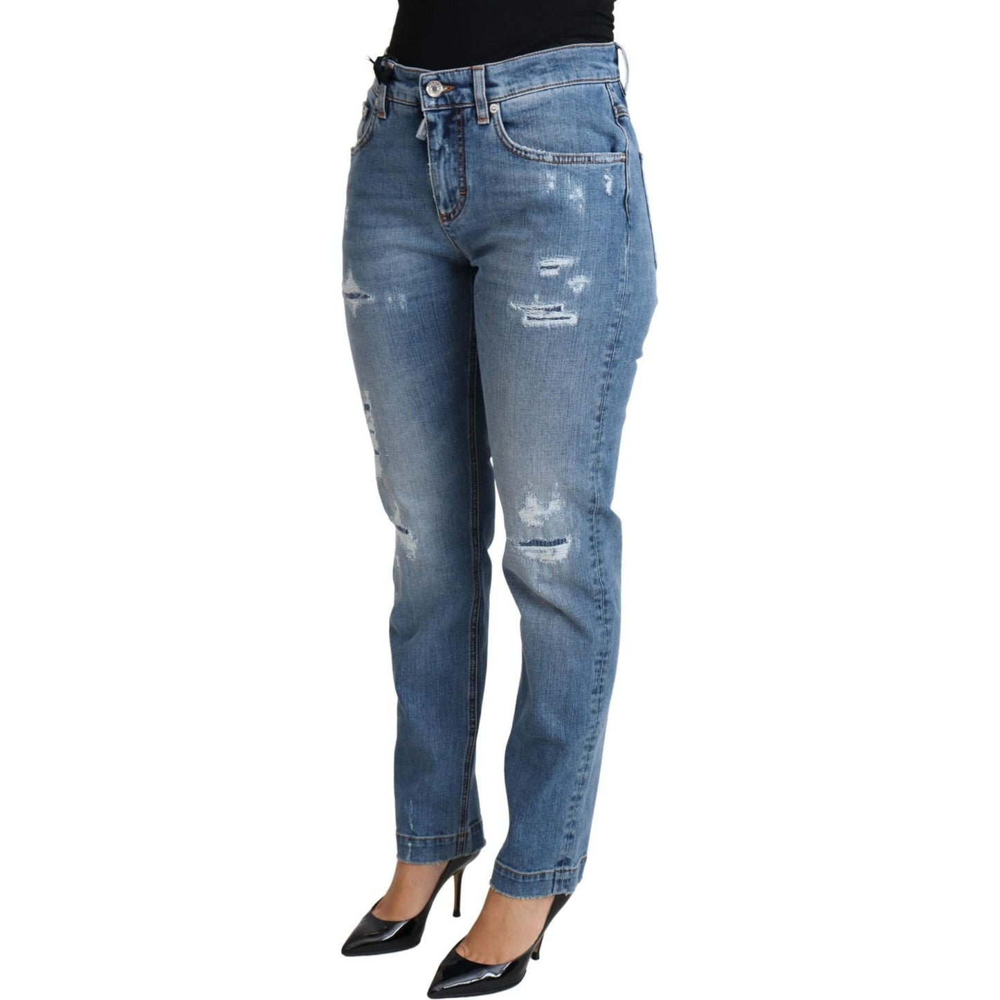 Dolce & Gabbana Blue Tattered Skinny Denim Cotton Blend Jeans PAN71874-36