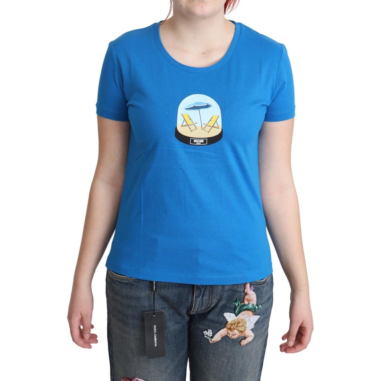 Moschino Blue Printed Cotton Short Sleeves Tops T-shirt TSH5074-40