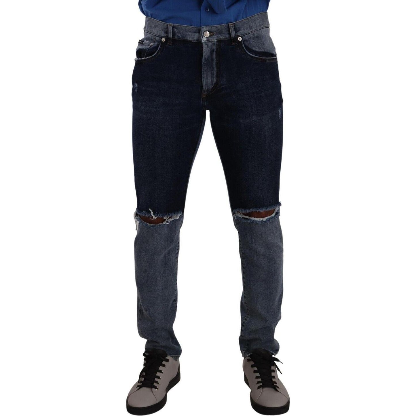 Dolce & Gabbana Blue Two Tone Tattered Cotton Slim Denim Jeans PAN72891 - 48