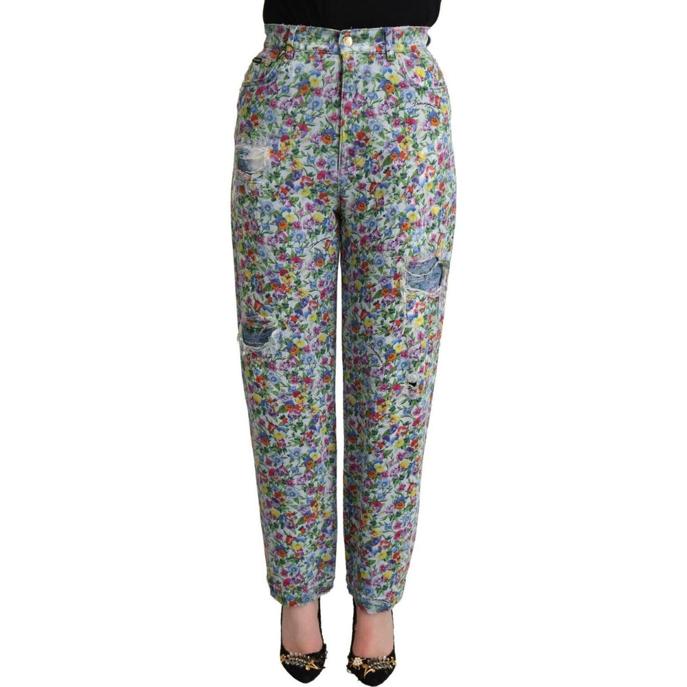 Dolce & Gabbana Blue Floral Print High Waist Denim Tapered Jeans PAN72791 - 40
