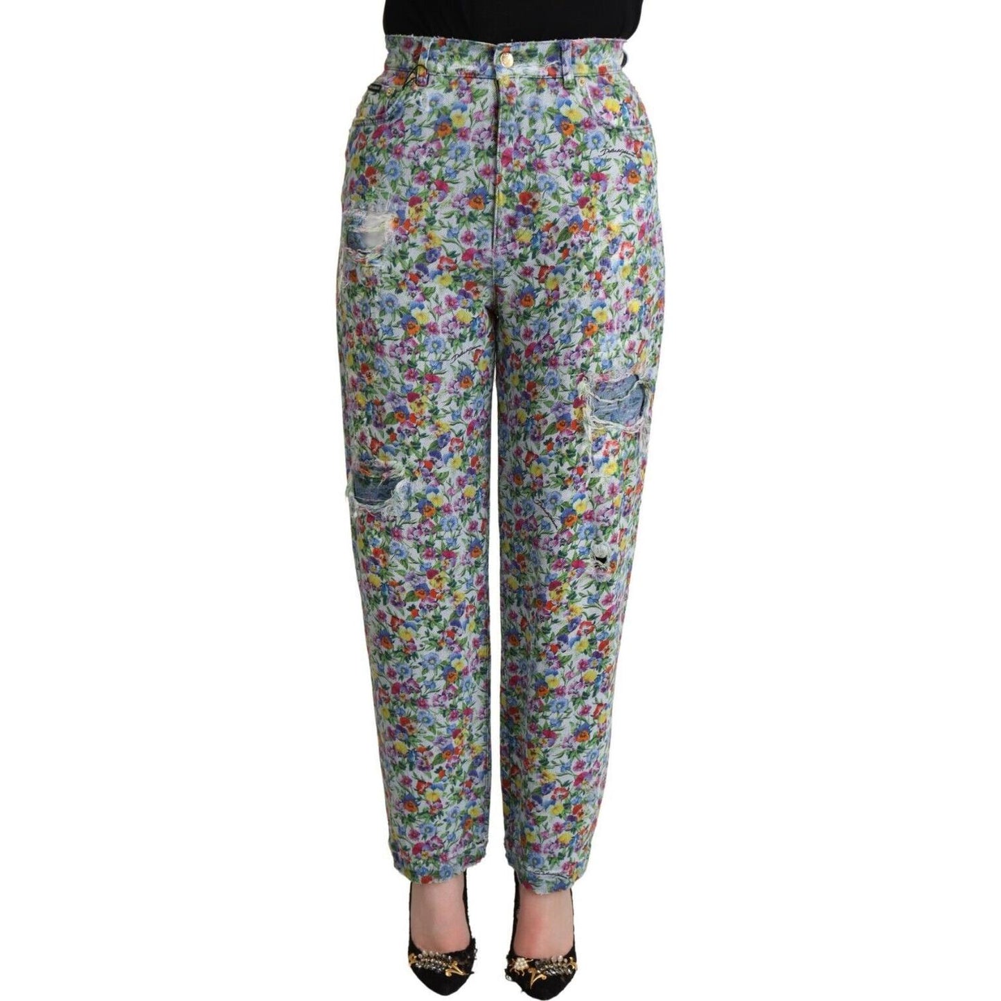 Dolce & Gabbana Blue Floral Print High Waist Denim Tapered Jeans PAN72791 - 40