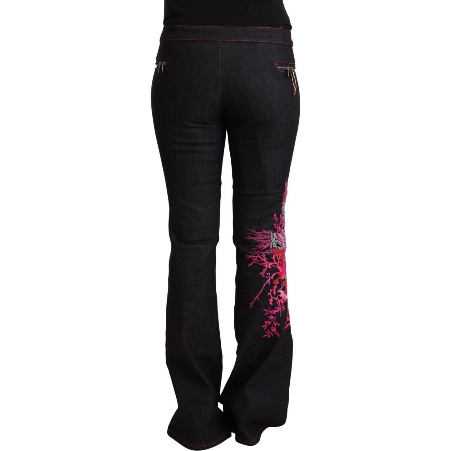 Exte Black Cotton Stretch Mid Waist Cotton Flared Denim Jeans Exte