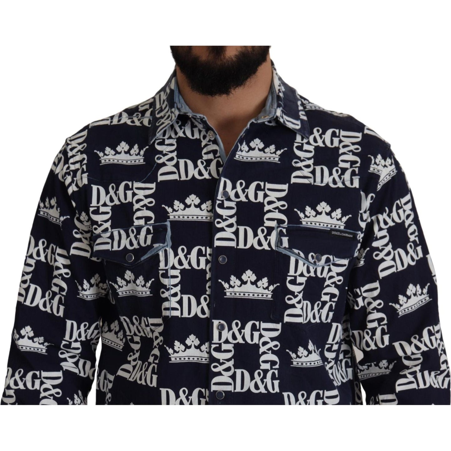 Dolce & Gabbana Blue Denim Stretch DG Crown Logo Casual Shirt TSH7977- 37