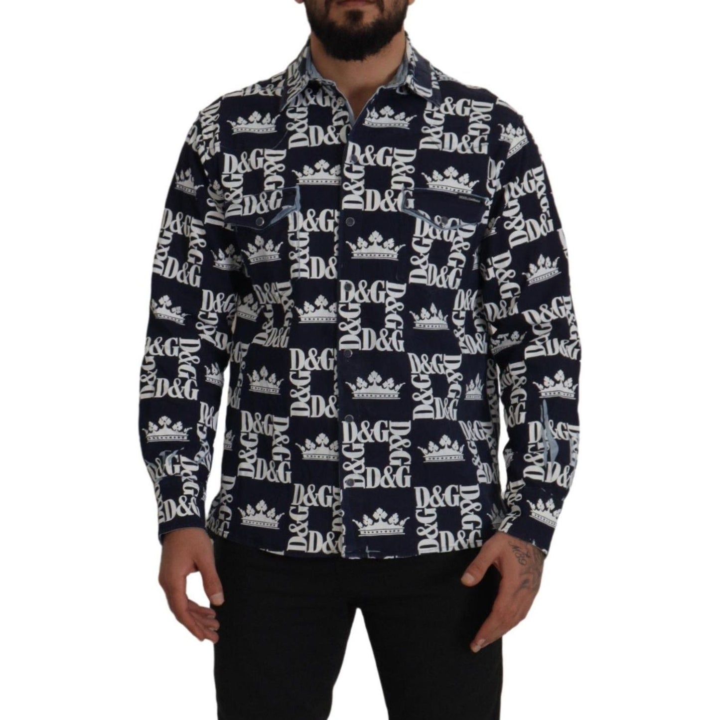 Dolce & Gabbana Blue Denim Stretch DG Crown Logo Casual Shirt TSH7977- 37