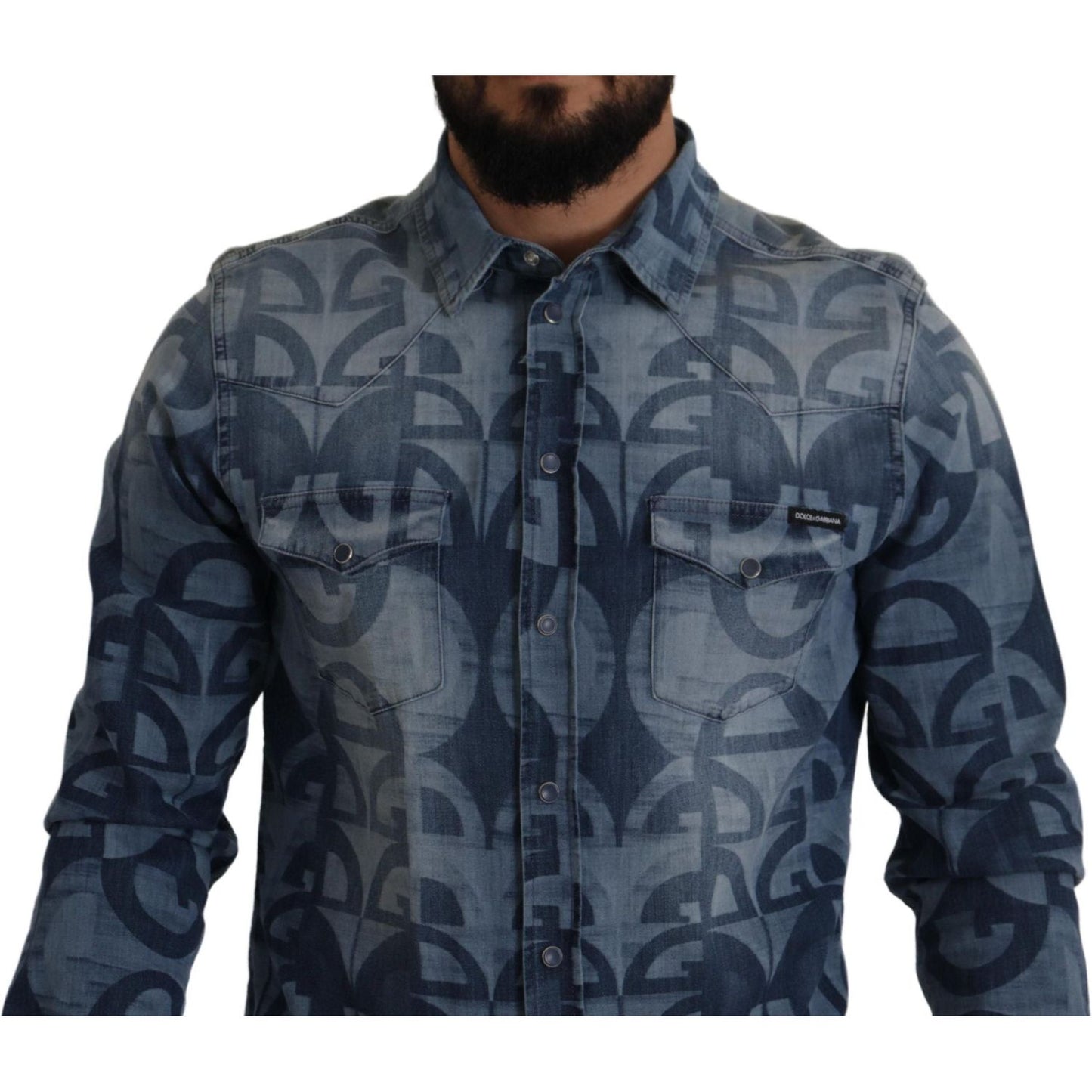 Dolce & Gabbana Blue Denim Stretch DG Logo Casual Mens Slim Shirt TSH7972- 39