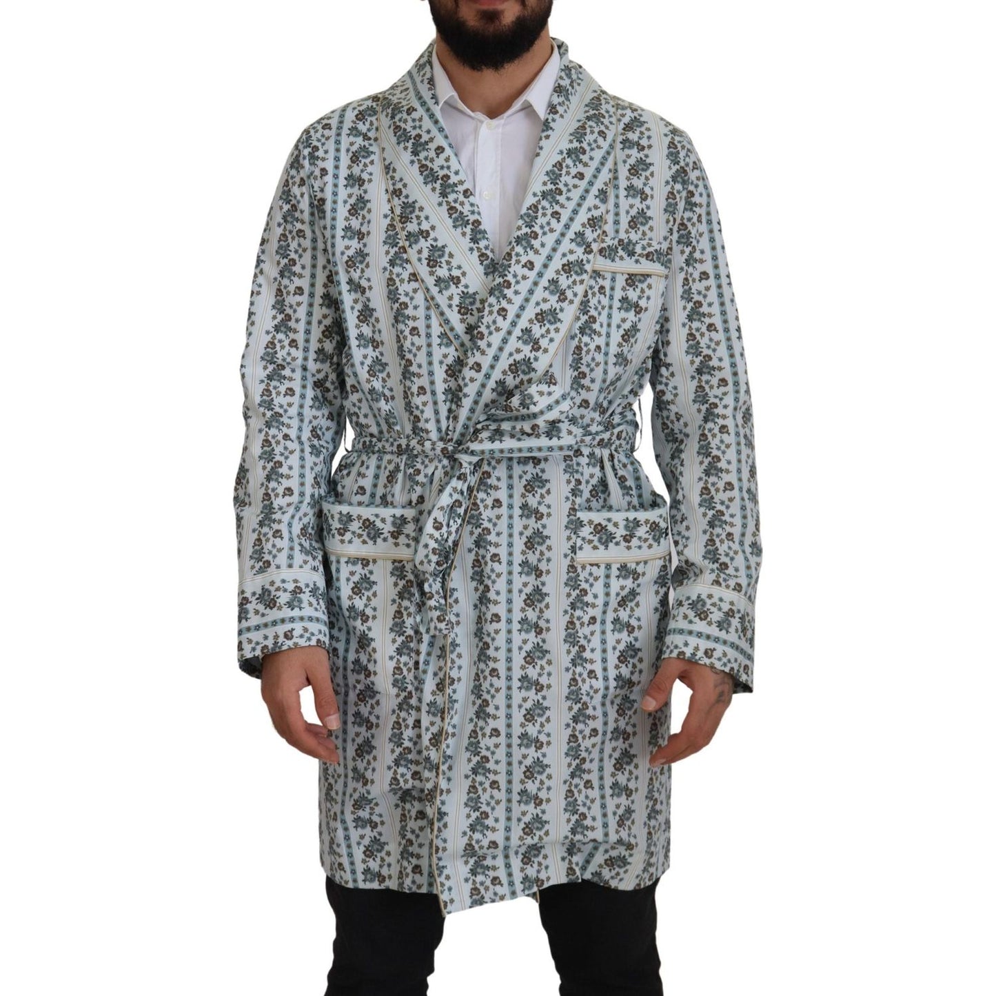 Dolce & Gabbana Blue Floral Cotton Robe Coat Jacket JKT3419 -48