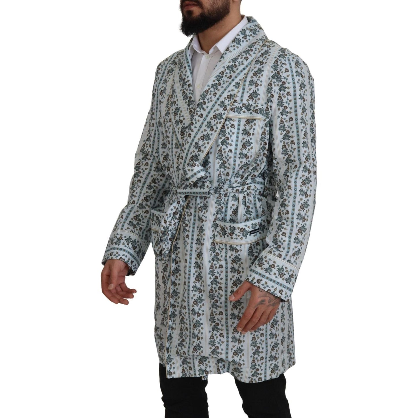 Dolce & Gabbana Blue Floral Cotton Robe Coat Jacket JKT3419 -48