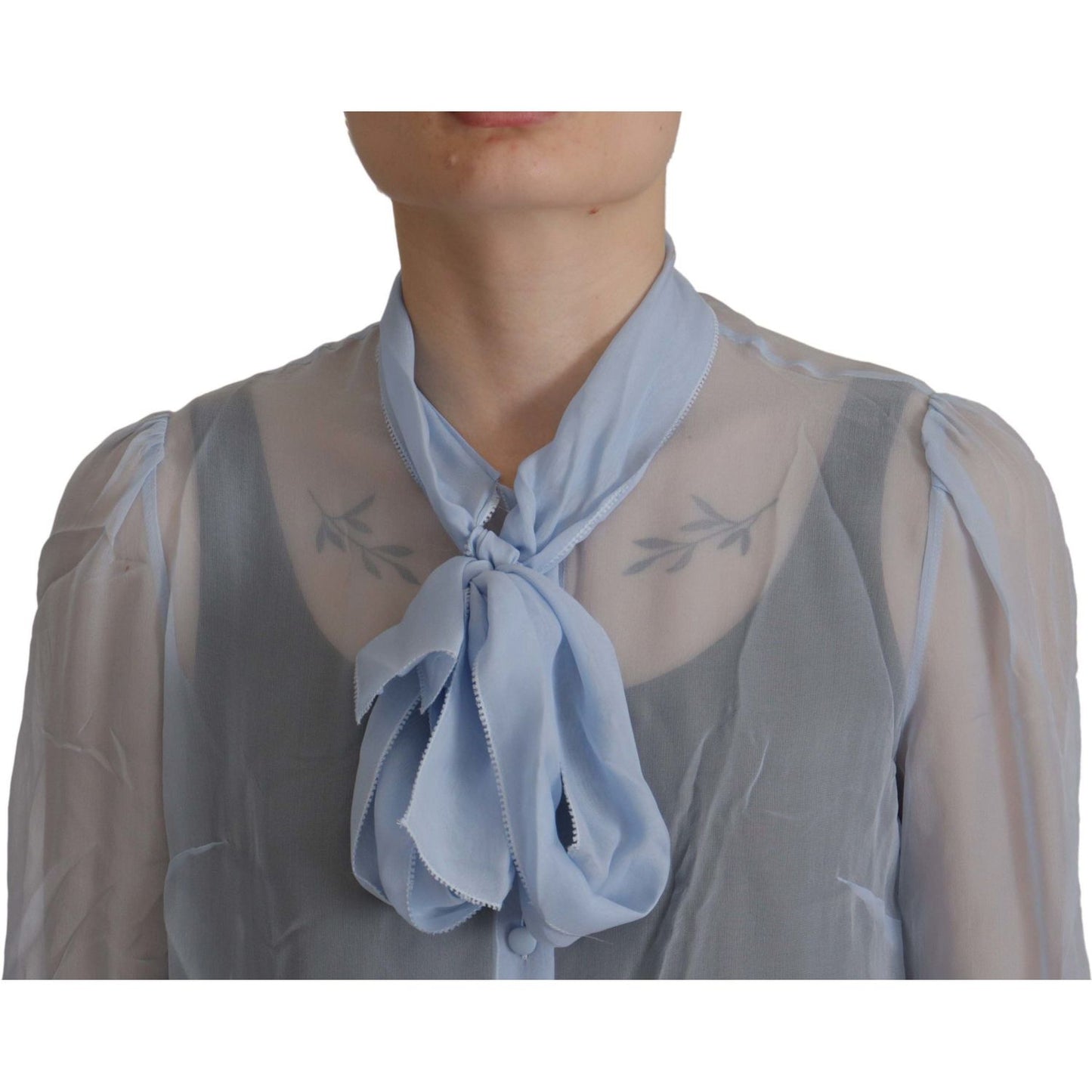 Dolce & Gabbana Light Blue Silk Ascot Collar Long Sleeves Top TSH8036 - 40