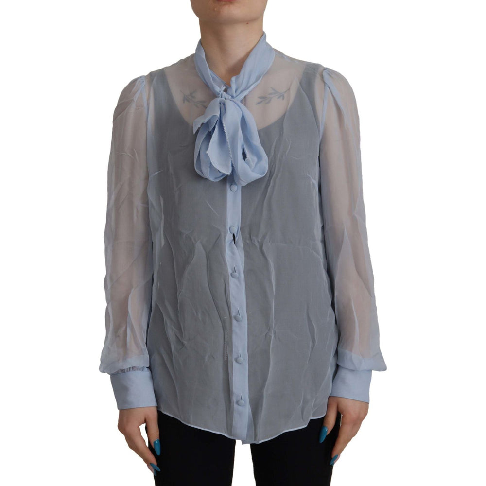 Dolce & Gabbana Light Blue Silk Ascot Collar Long Sleeves Top TSH8036 - 40