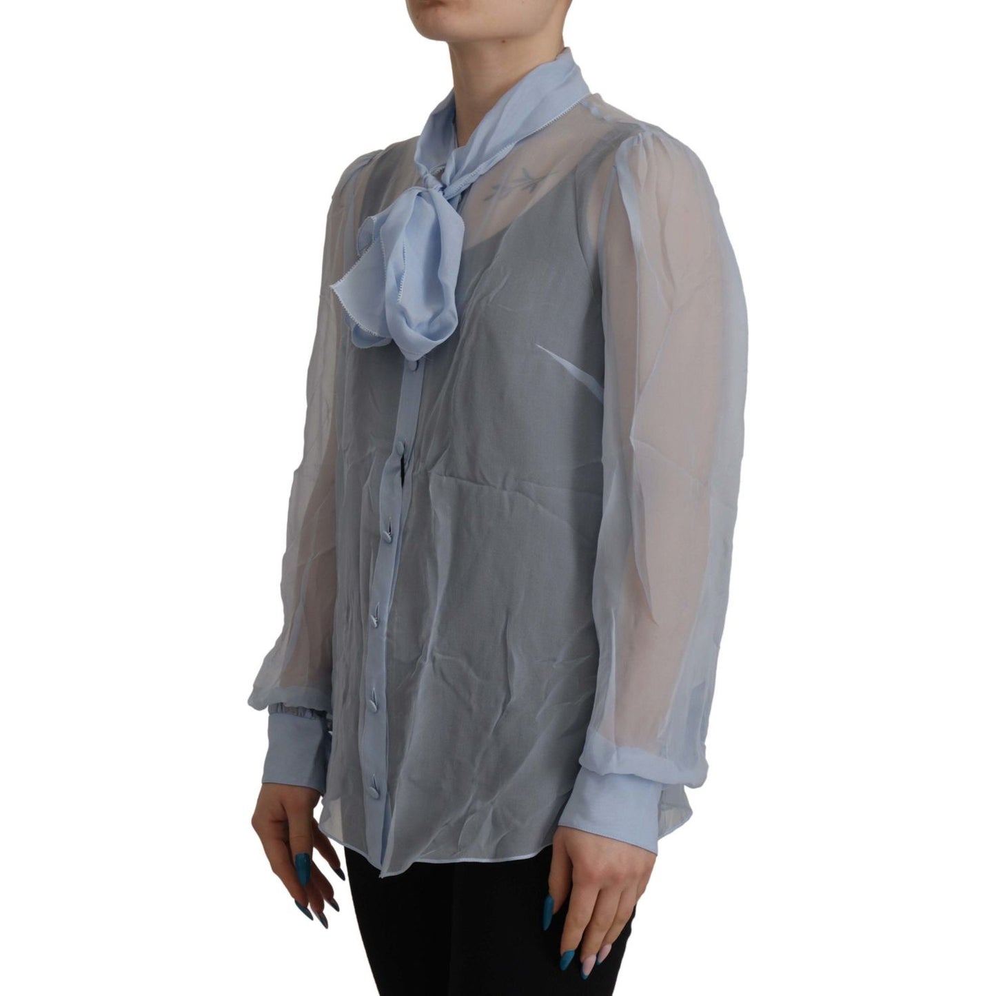 Dolce & Gabbana Light Blue Silk Ascot Collar Long Sleeves Top TSH8036 - 40