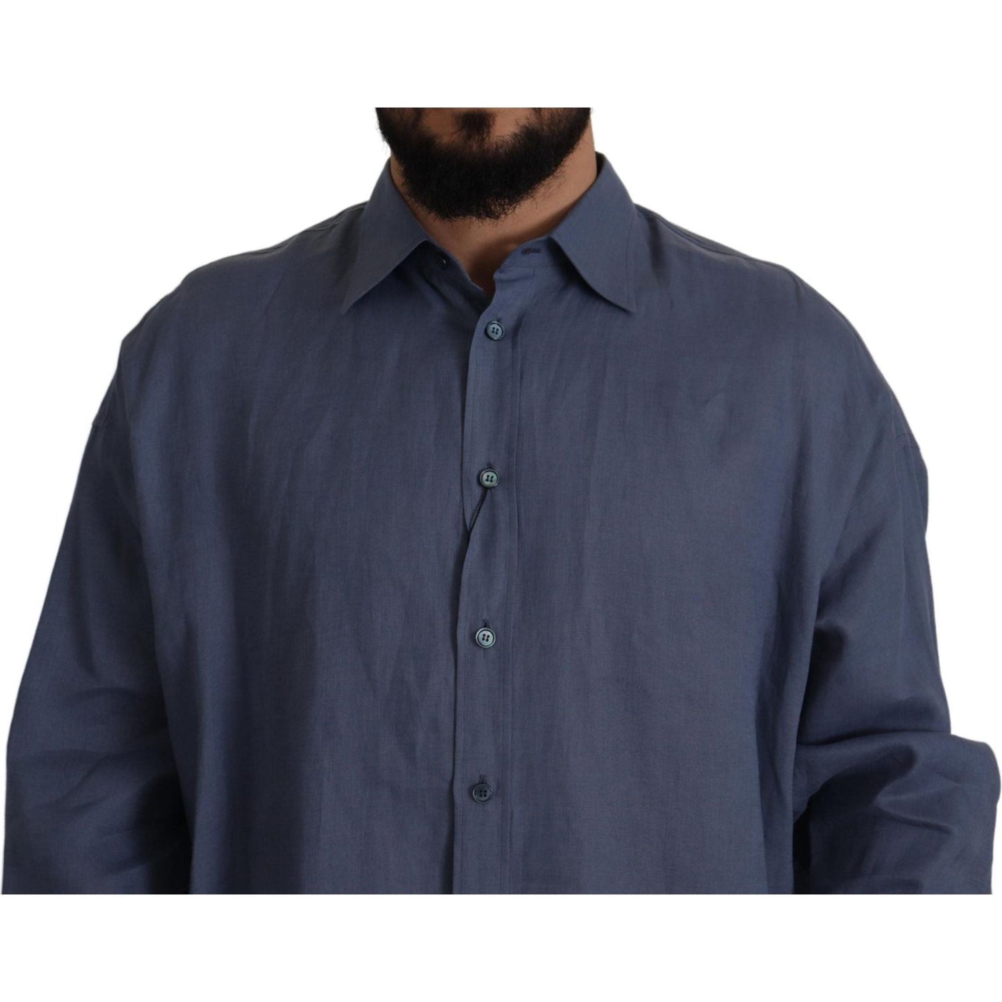 Dolce & Gabbana Dark Blue Linen Slim Fit Dress Formal Men Shirt TSH82936- 41