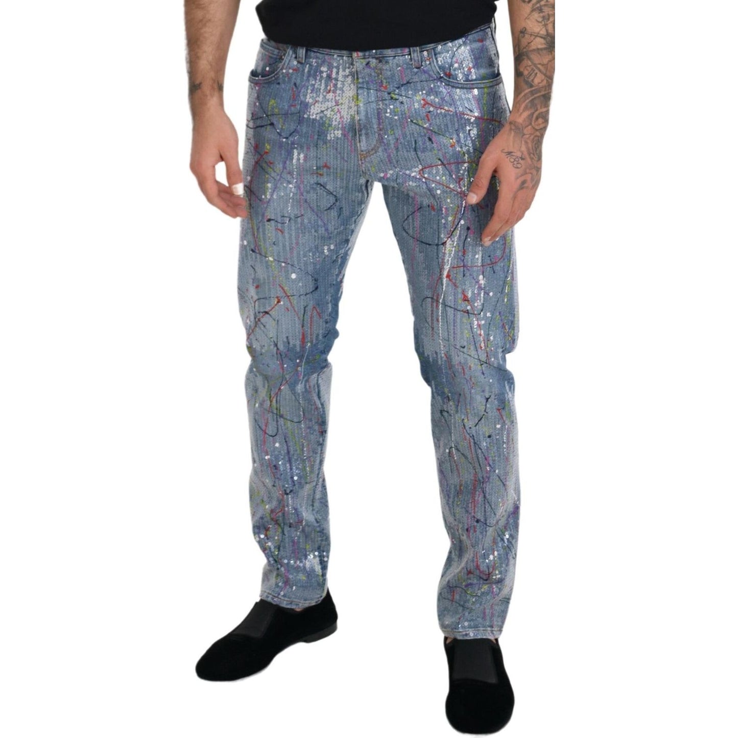 Dolce & Gabbana Blue Cotton Color Splash Print Denim Jeans PAN73300 - 48
