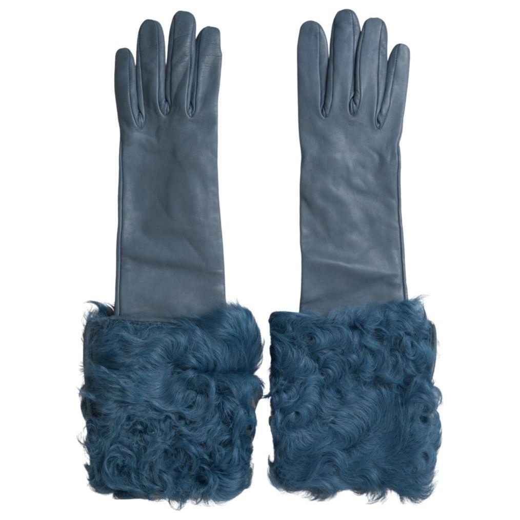 Dolce & Gabbana Blue Leather Fur Mid Arm Length Gloves LB30105- 7.5