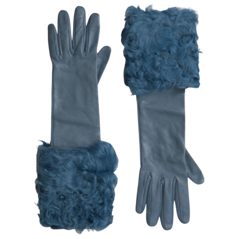 Dolce & Gabbana Blue Leather Fur Mid Arm Length Gloves LB30105- 7.5