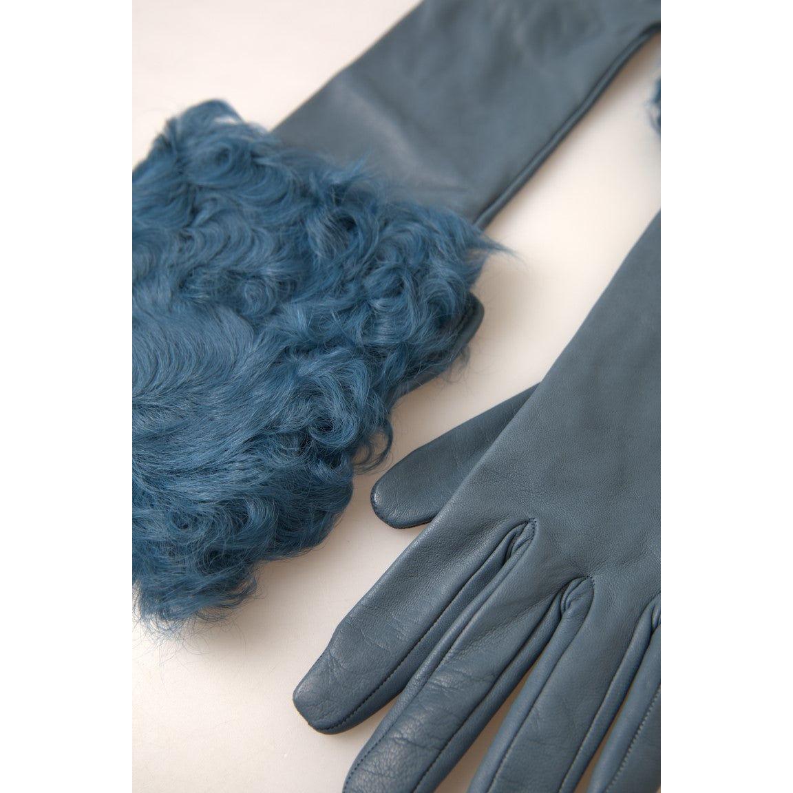Dolce & Gabbana Blue Leather Fur Mid Arm Length Gloves LB30105- 7.5