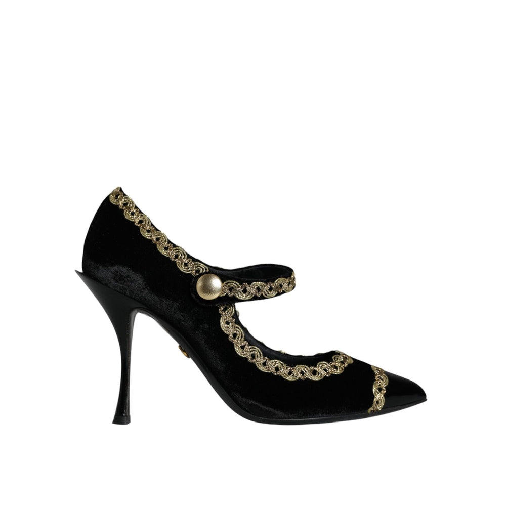 Dolce & Gabbana Black Mary Janes Velvet Gold Pumps Shoes LA11583-36