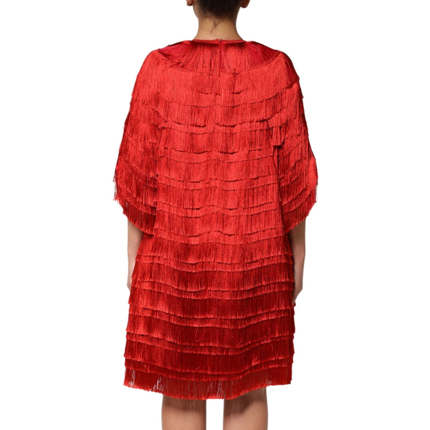 Dolce & Gabbana Red Silk Tiers Fringe Shift Knee Length Dress DR81822-40