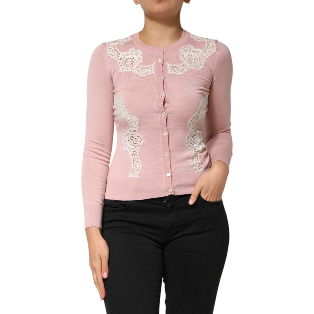 Dolce & Gabbana Pink Floral Lace Detailing Cardigan Sweater TSH90643-36