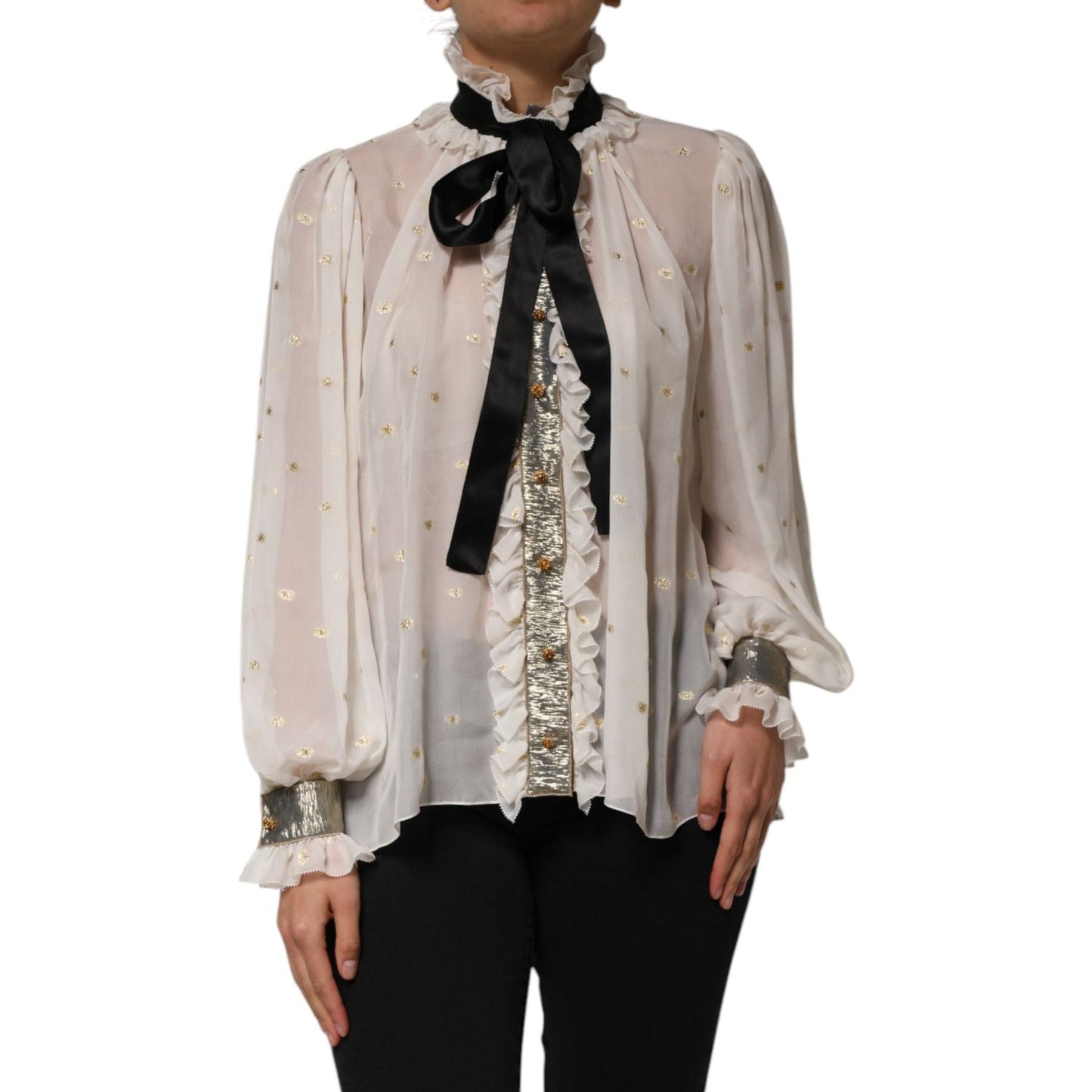 Dolce & Gabbana White Black Silk Long Sleeve Ascot Collar Top TSH90646-42
