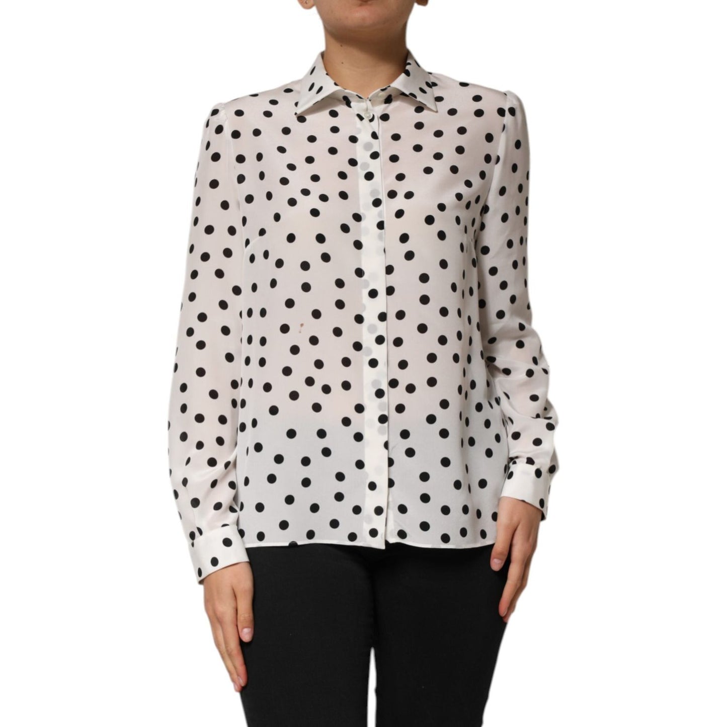 Dolce & Gabbana White Black Dotted Silk Long Sleeves Top TSH90649-48