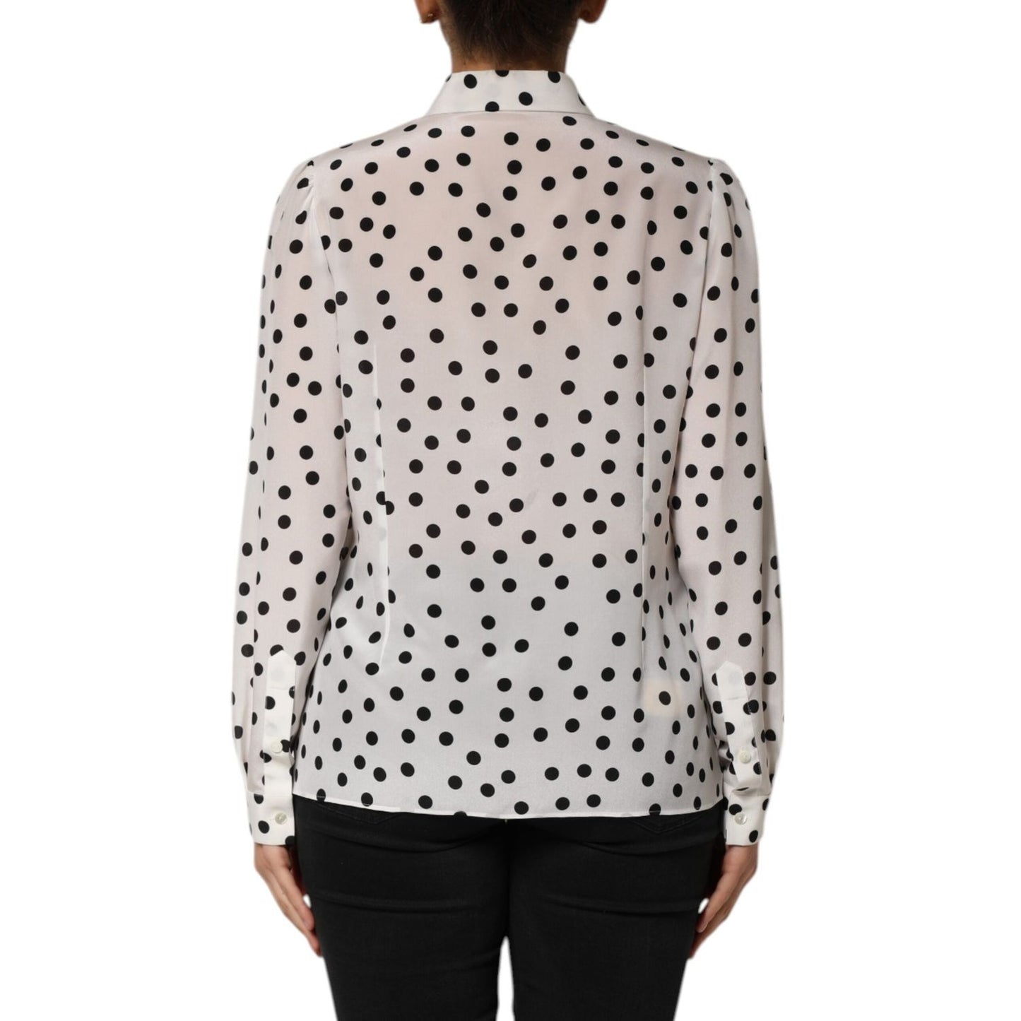 Dolce & Gabbana White Black Dotted Silk Long Sleeves Top TSH90649-48