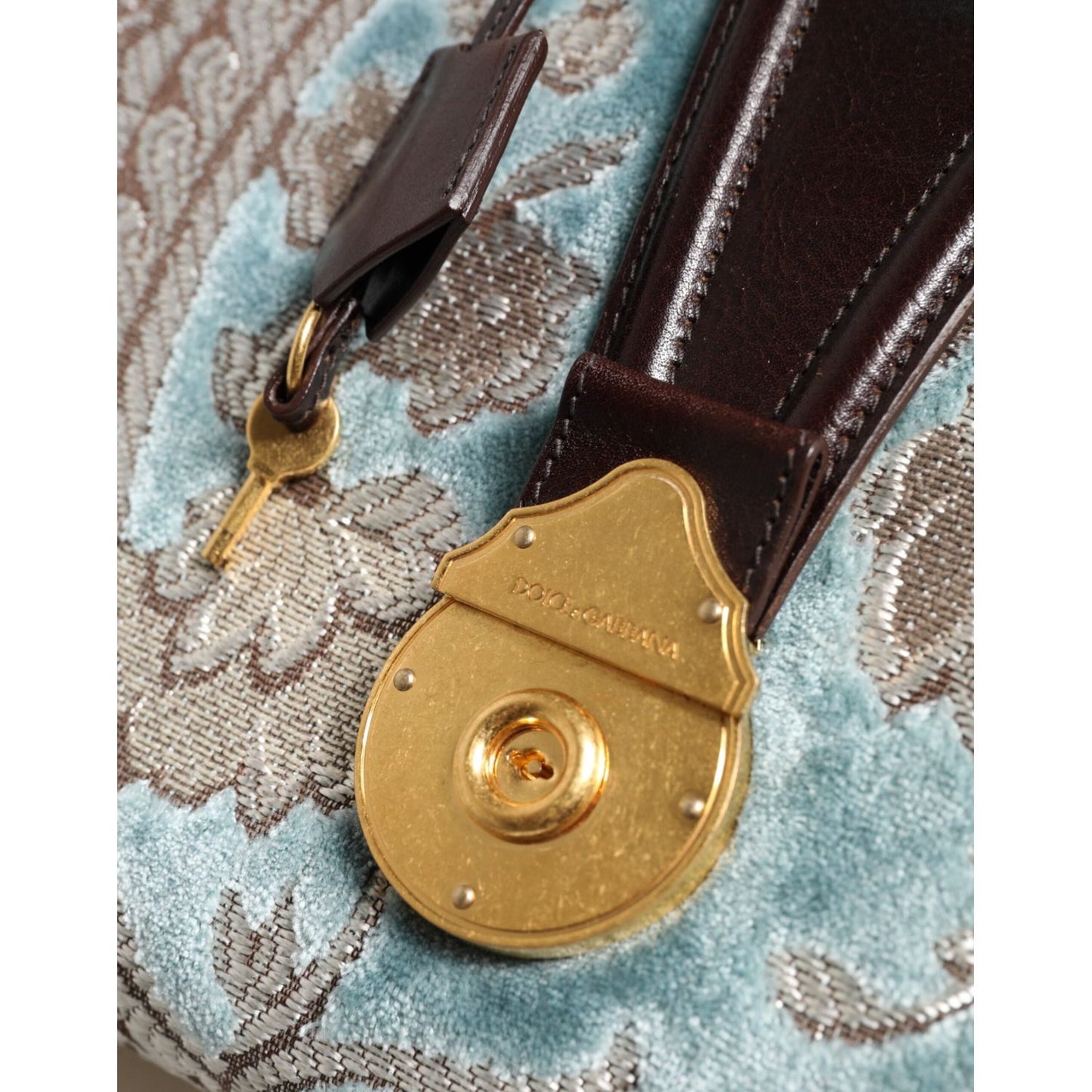 Dolce & Gabbana Blue Brown Leather Floral Jacquard Travel Handbag Bag BAG4730