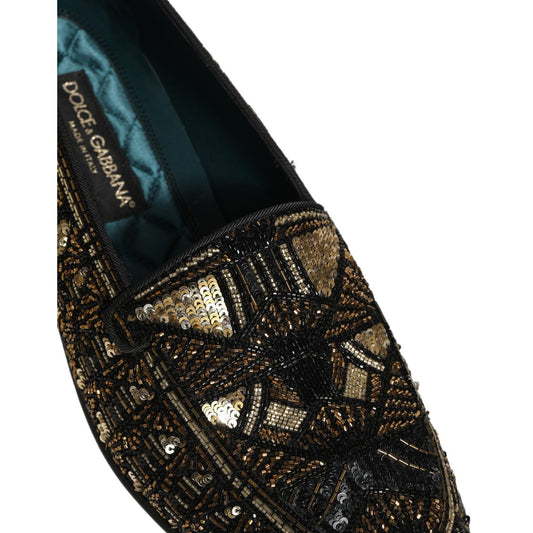 Dolce & Gabbana Black Gold Embellished Slip On Loafers Shoes