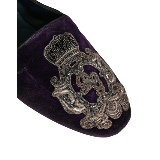 Dolce & Gabbana Purple Velvet Crown Embroidery Loafers Shoes