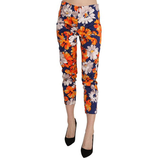 LANACAPRINA Blue Floral Print Skinny Slim Fit Trousers Pants LANACAPRINA