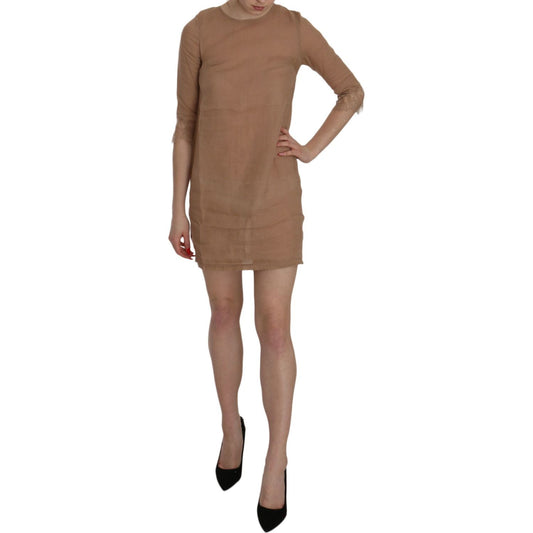 PINK MEMORIES Brown 3/4 Sleeve Crewneck Shift Mini Dress PINK MEMORIES
