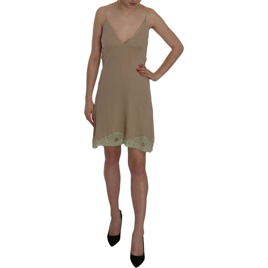 PINK MEMORIES Beige Lace Spaghetti Strap Mini Cotton Dress PINK MEMORIES