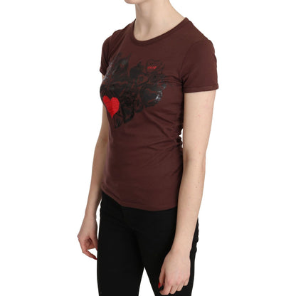 Exte Brown Hearts Printed Round Neck T-shirt Top Exte