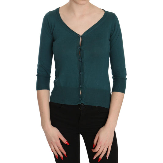 PINK MEMORIES Blue Green Cotton 3/4 Sleeve Cardigan Top Blouse