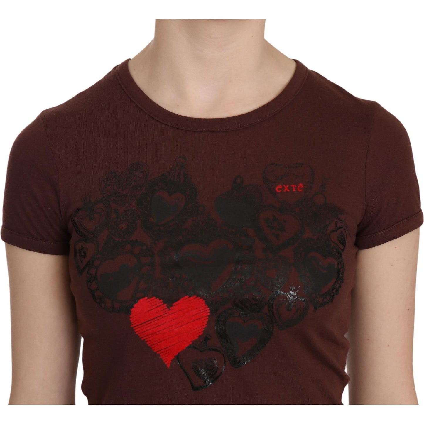 Exte Brown Heart Print Crew Neck T-shirt Short Sleeve Blouse Exte