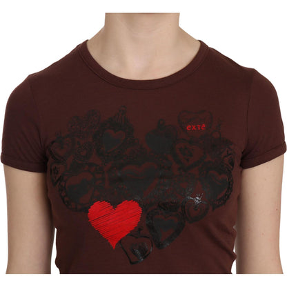 Exte Brown Heart Print Crew Neck T-shirt Short Sleeve Blouse Exte