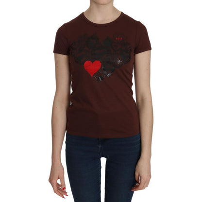 Exte Brown Heart Print Crew Neck T-shirt Short Sleeve Blouse Exte