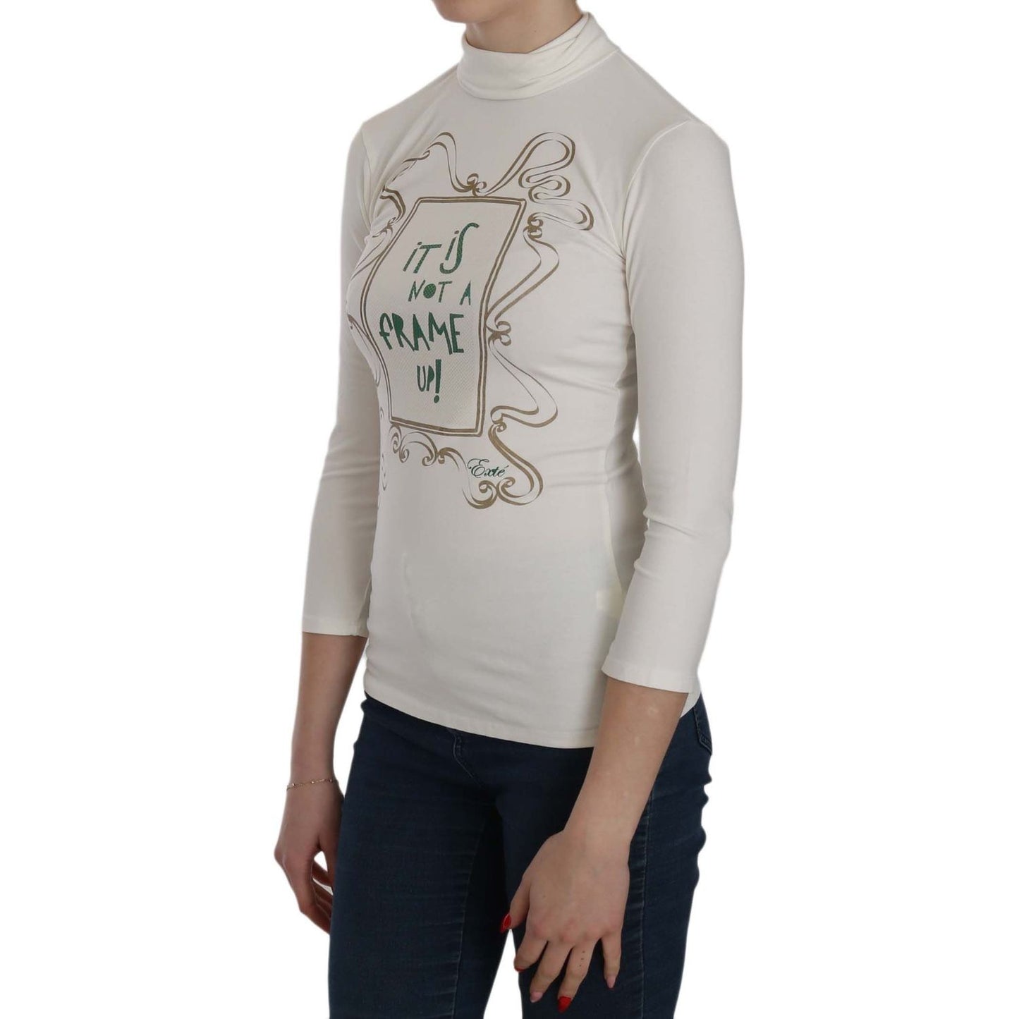 Exte White Printed Turtle Neck 3/4 Sleeve Top Cotton Blouse Exte