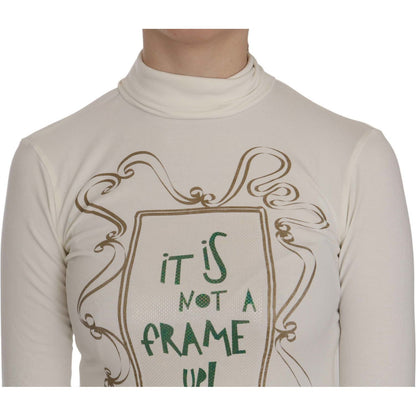 Exte White Printed Turtle Neck 3/4 Sleeve Top Cotton Blouse Exte