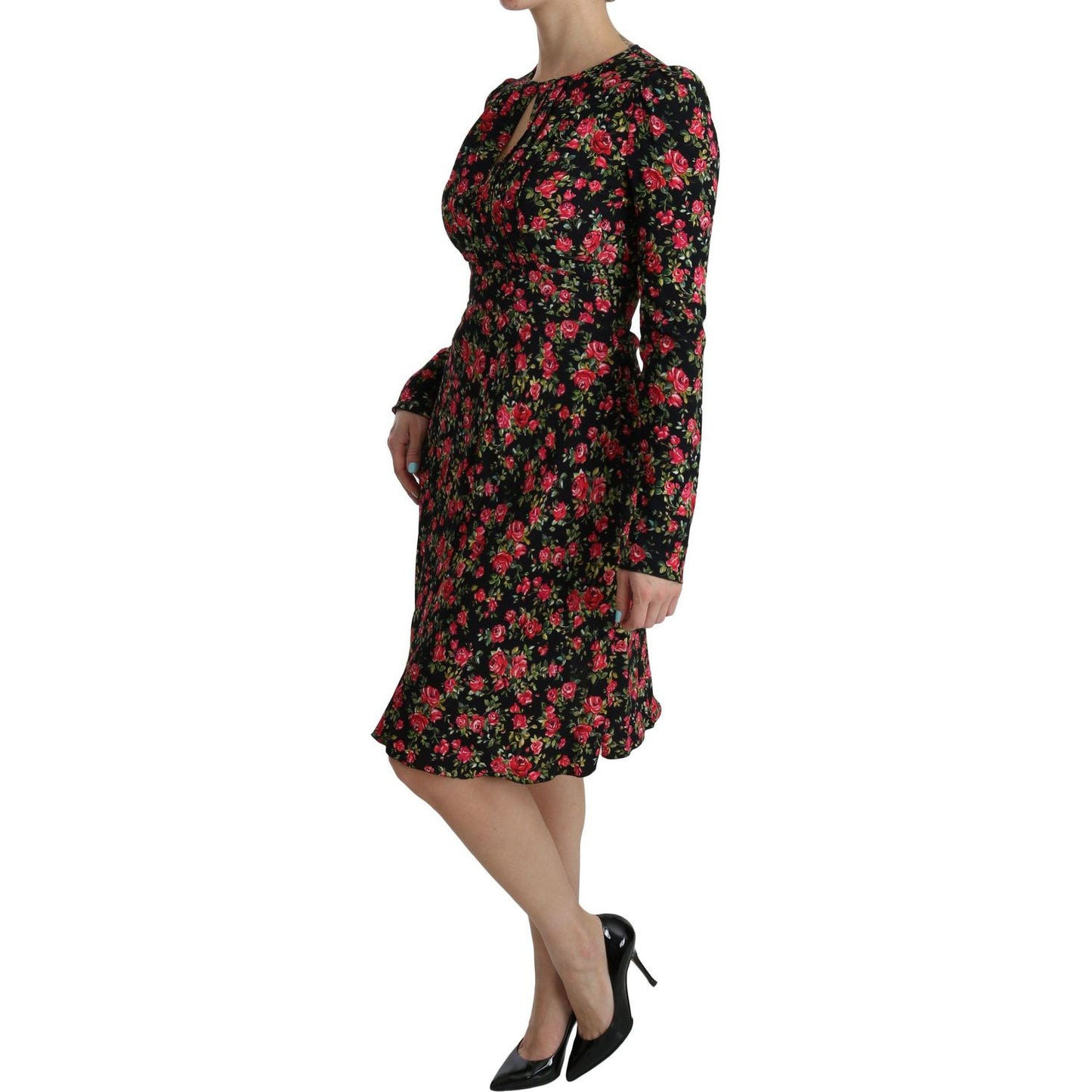 Dolce & Gabbana Black Floral Longsleeve Knee Length Dress Dolce & Gabbana