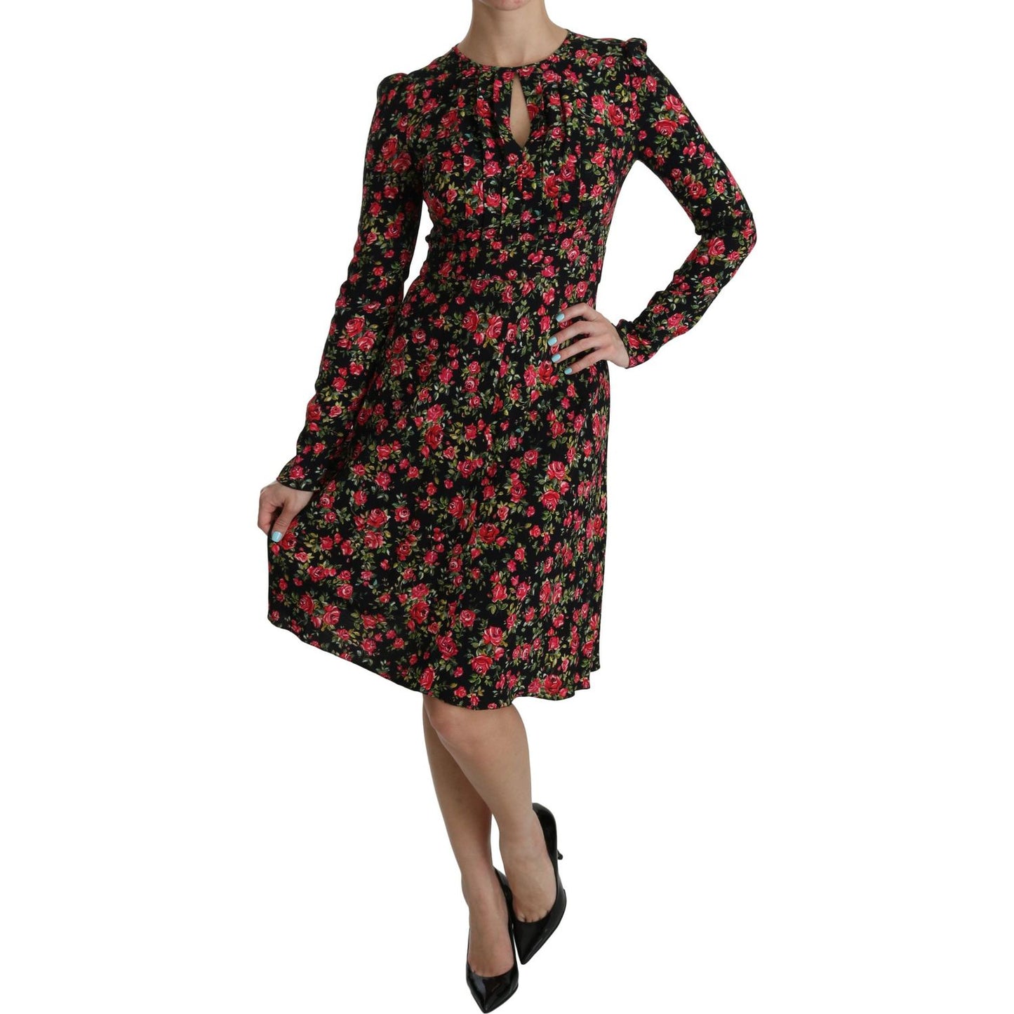 Dolce & Gabbana Black Floral Longsleeve Knee Length Dress Dolce & Gabbana