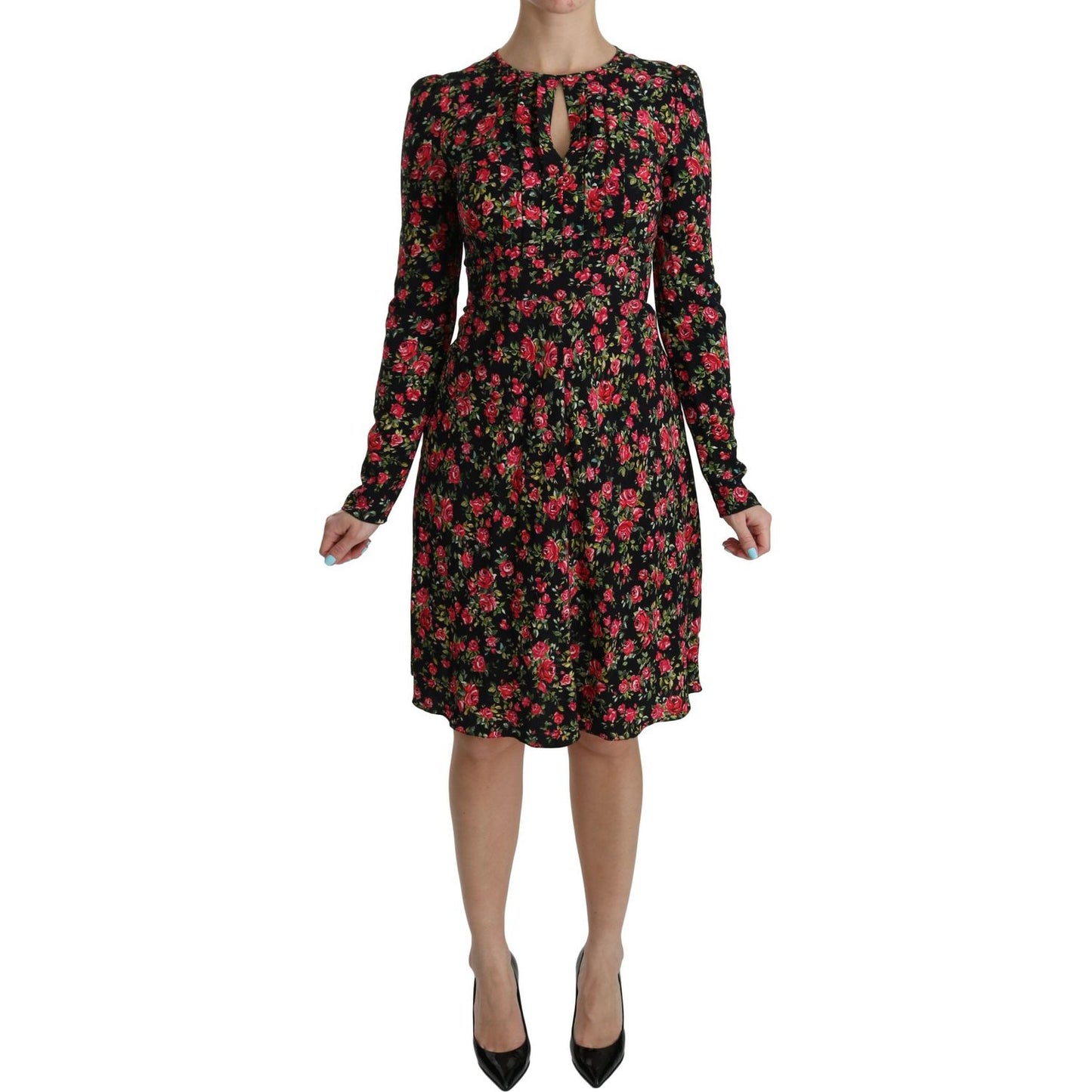 Dolce & Gabbana Black Floral Longsleeve Knee Length Dress Dolce & Gabbana