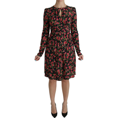 Dolce & Gabbana Black Floral Longsleeve Knee Length Dress Dolce & Gabbana