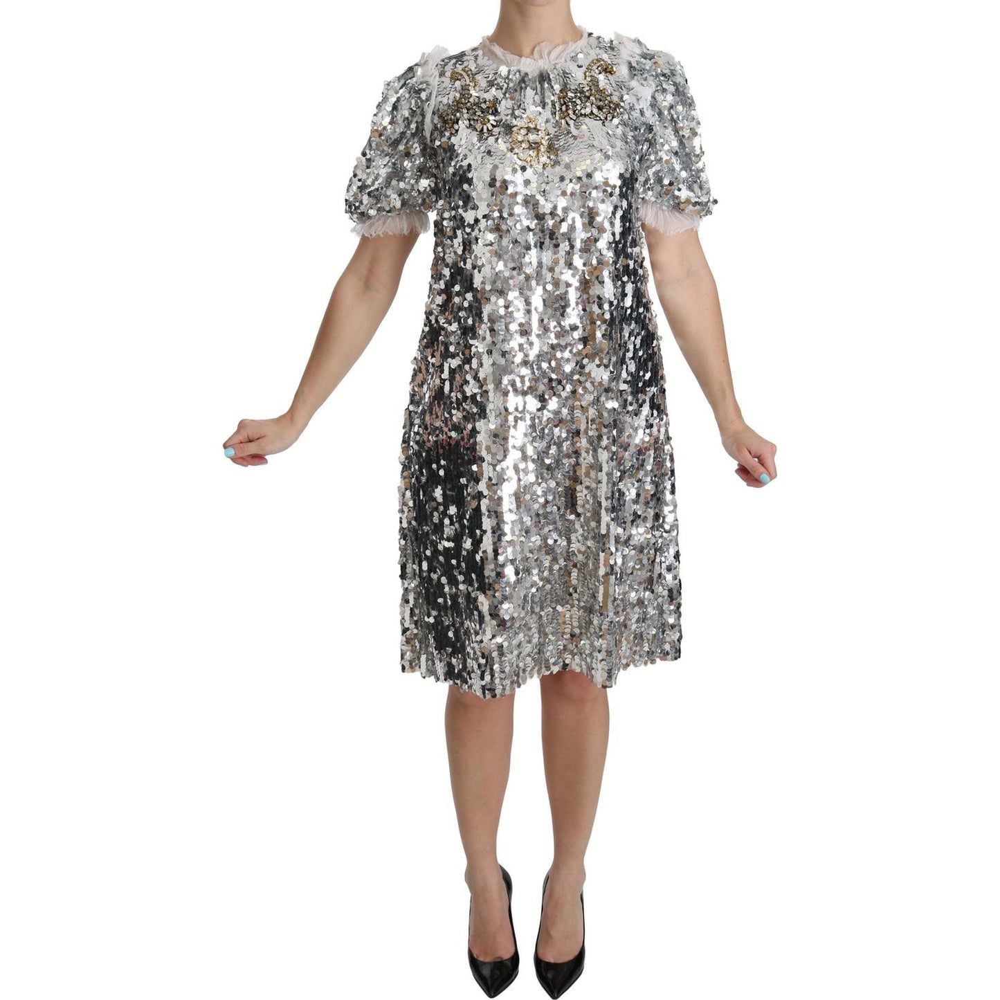 Dolce & Gabbana Silver Sequined Crystal Shift Gown Dress Dolce & Gabbana