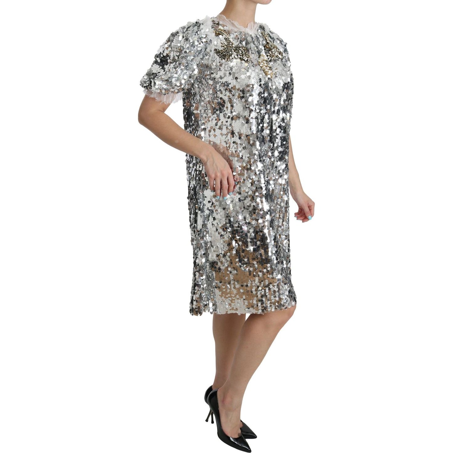 Dolce & Gabbana Silver Sequined Crystal Shift Gown Dress Dolce & Gabbana