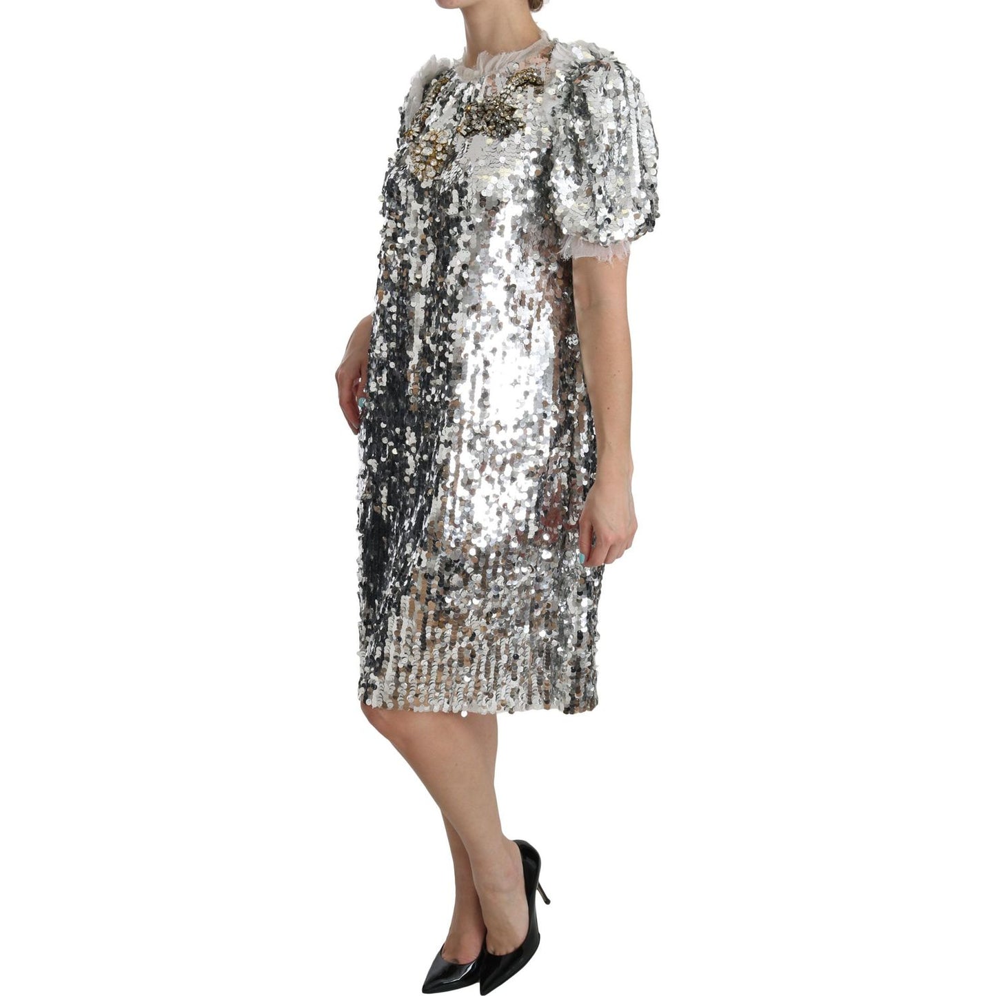 Dolce & Gabbana Silver Sequined Crystal Shift Gown Dress Dolce & Gabbana