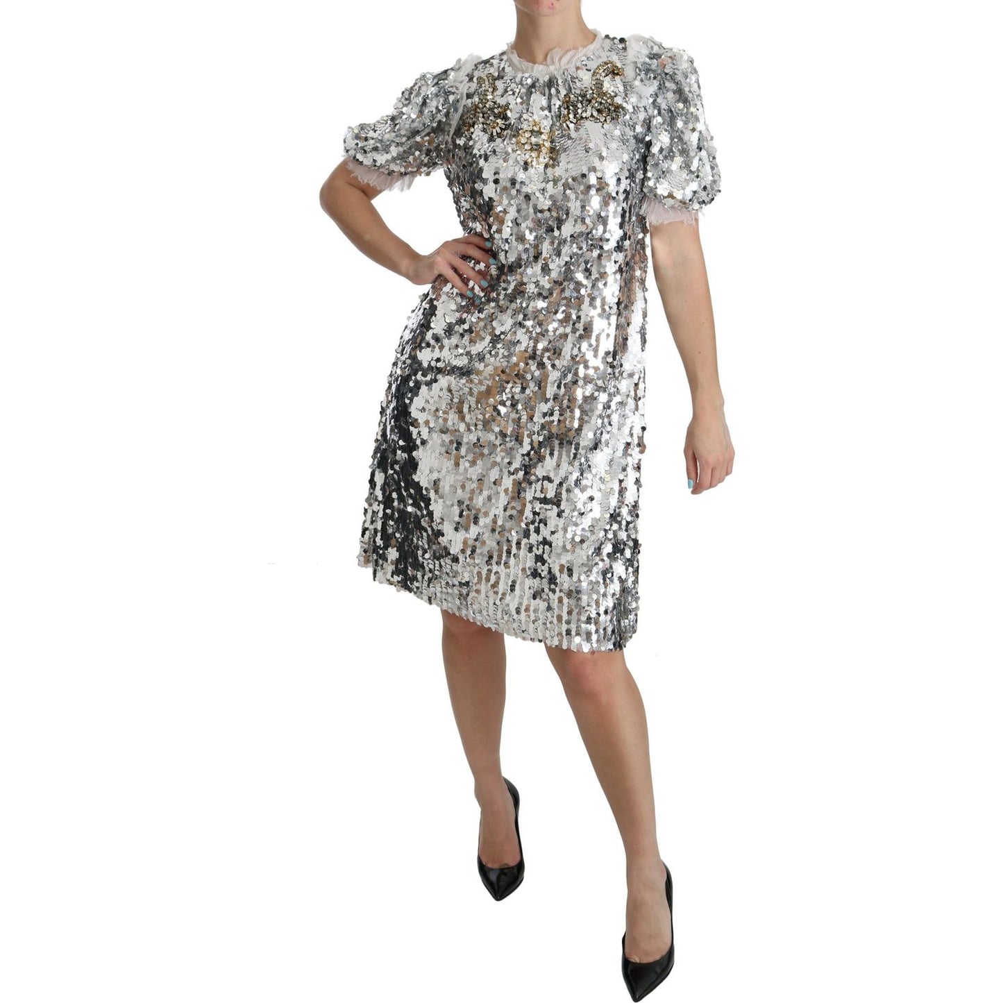 Dolce & Gabbana Silver Sequined Crystal Shift Gown Dress Dolce & Gabbana