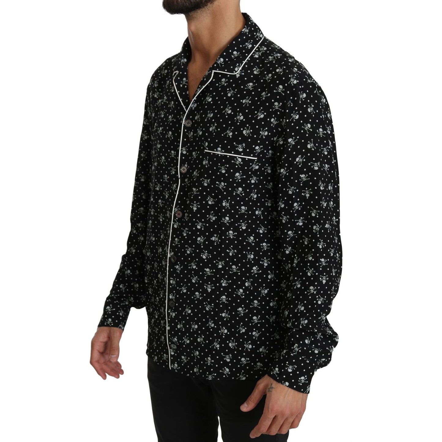 Dolce & Gabbana Black Skull Print Silk Sleepwear Shirt